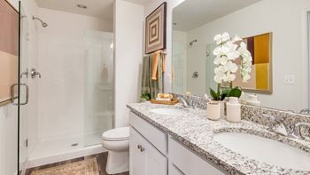 A bathroom with a marble countertop and a glass shower stall at The Mark Townhomes Apartments, Harrisonburg, VA, 22801
